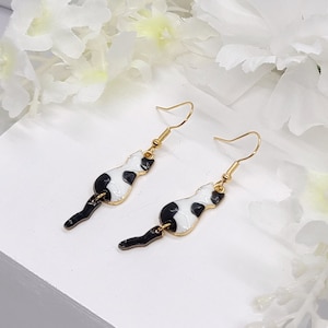Cow Print Tuxedo Cat Earrings: Fun Cat Dangles, Mothers Day Gift For Mom