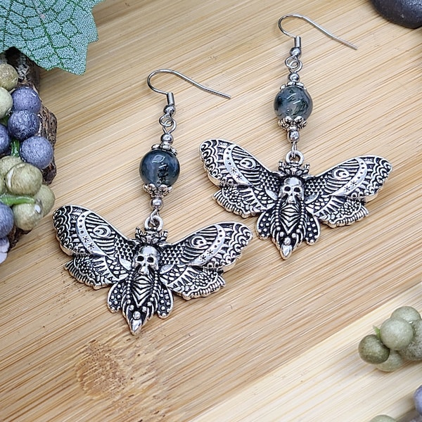 DEATH HEAD MOTH Moss Agate Earrings Goth Jewelry | Funky Goth Moth Earrings For Best Friend Birthday Gift | Cool Spring Insect Earrings