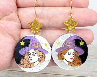 Witch Portrait Earrings: Halloween Gothic Acrylic Jewelry, Spooky Witchy Whimsical Earrings