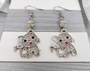 CRYSTAL CAT EARRINGS | Cute and Pretty Cat Valentines Earrings | Whimsical Dangle Cat Earrings Perfect Cat Lover Gift | Best Gifts for Her