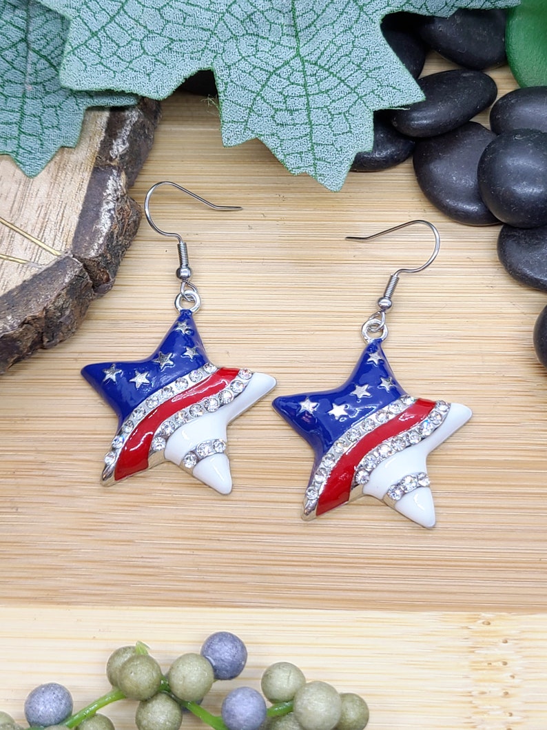 RED WHITE AND Blue Patriotic Earrings Heart or Star American Flag Earrings Colorful Memorial Day Earrings 4th Of July Fun Earrings image 4