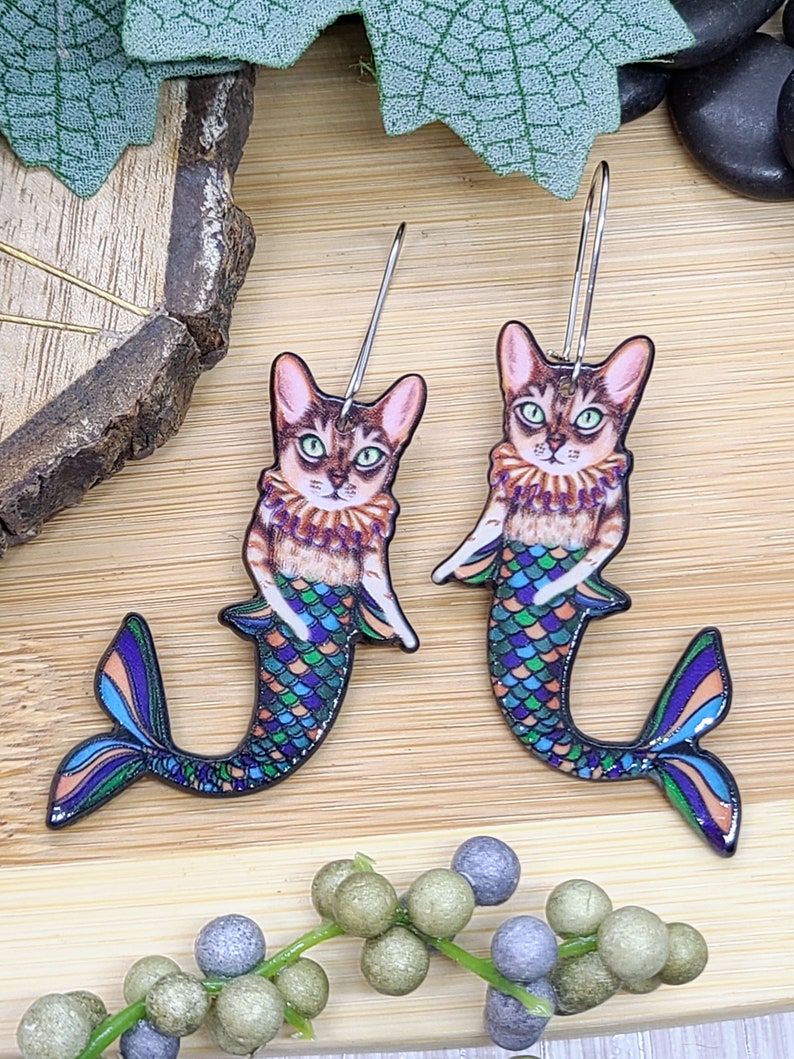 TABBY CAT MERMAID Earrings Weird Cat Earrings For Cat Mom Best Friend Gift Quirky Cat Mermaid Acrylic Earrings Fun Earrings Cat Jewelry image 6