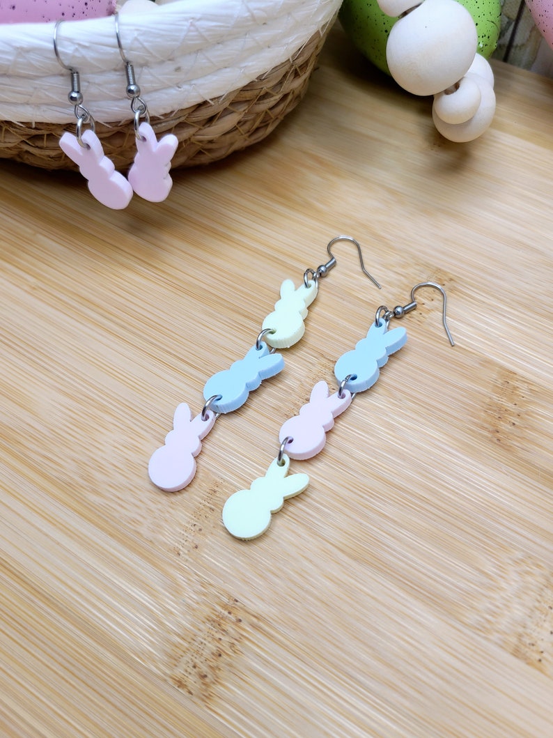 EASTER BUNNY PEEPS Earrings Mismatched Spring Earrings Whimsical Laser Cut Acrylic Novelty Earrings For Easter Basket Gifts For Daughter image 3