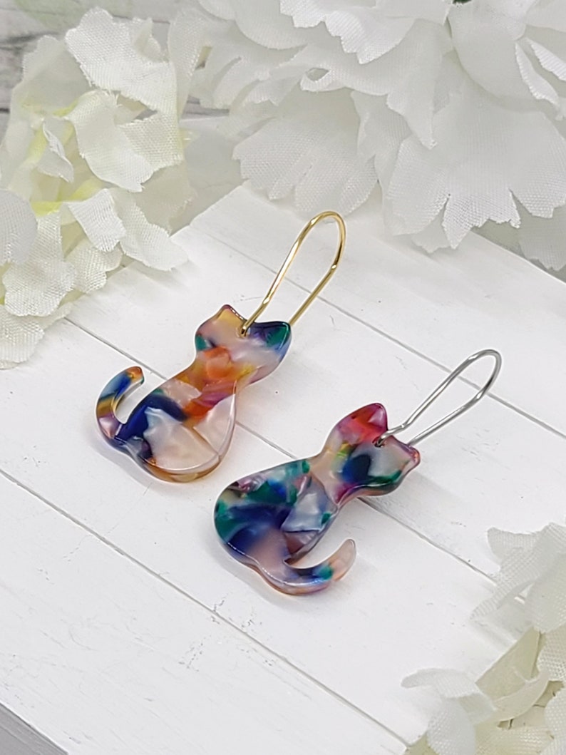 RAINBOW CAT ACRYLIC Earrings Gift For Mom Minimalist Cat Earrings Easter Gift Cute Spring Daisy Earrings Cat Mom Gift Cat Jewelry image 7