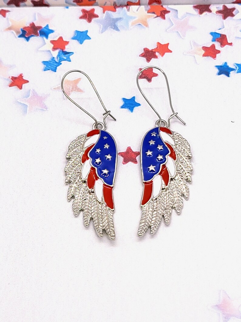 AMERICAN FLAG WING Earrings Patriotic 4th of July Earrings Red White and Blue Colorful Earrings Cute Novelty Earrings for Memorial Day image 7