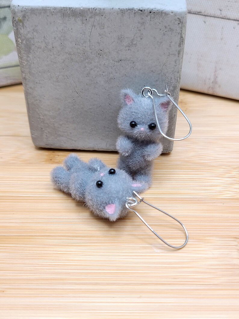 GREY CAT KAWAII Earrings Gifts Under 20 For Cat Lover Whimsical Flocked Mismatched Earrings Cat Mom Cat Jewelry Funky Cute Cat Earring image 9