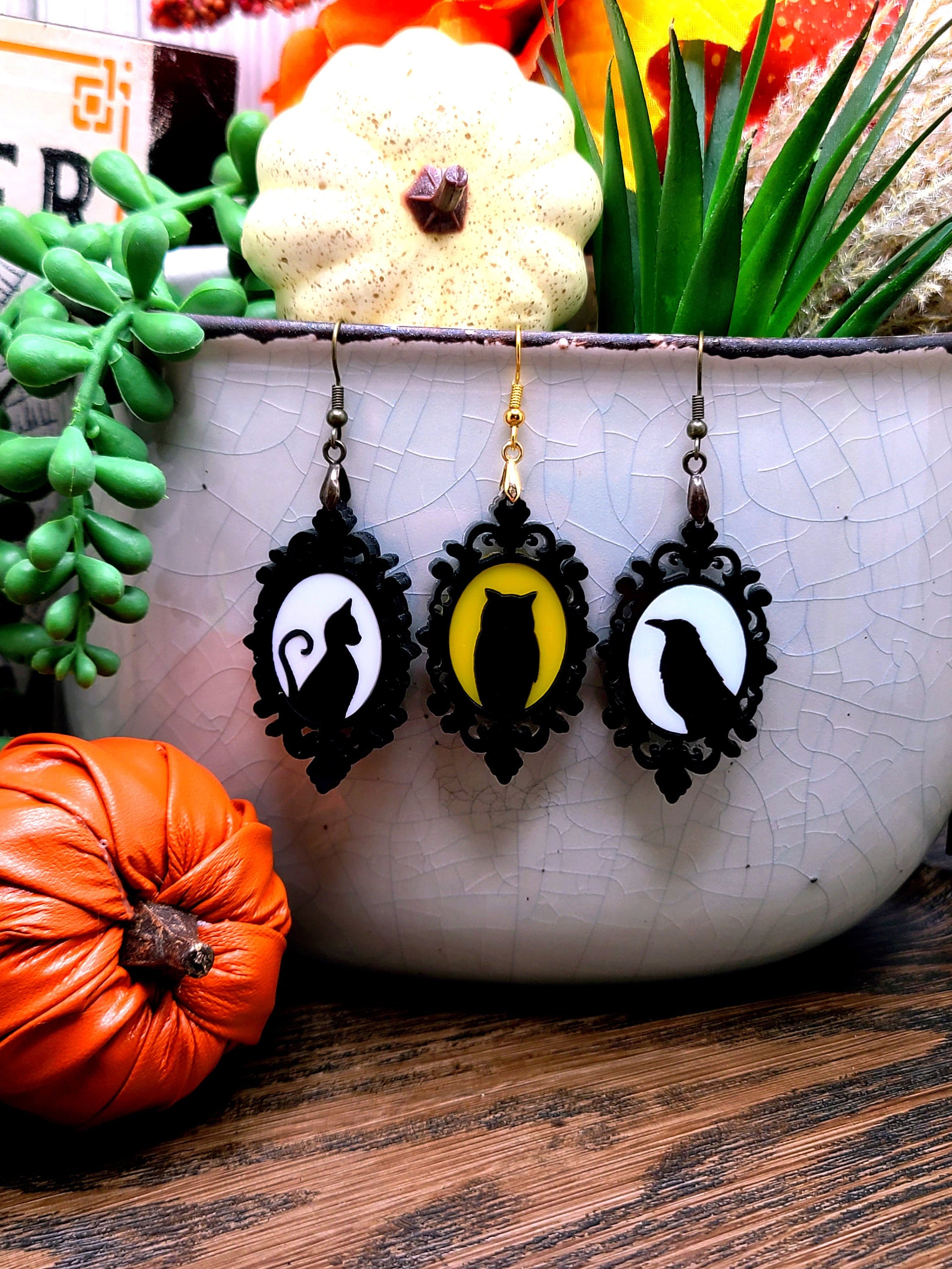 Halloween Cameo Earrings: Acrylic Goth Cat, Bird, Owl Jewelry