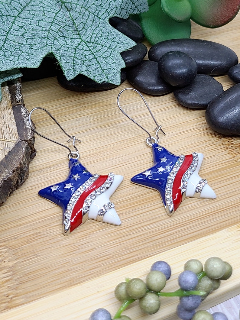 RED WHITE AND Blue Patriotic Earrings Heart or Star American Flag Earrings Colorful Memorial Day Earrings 4th Of July Fun Earrings image 9