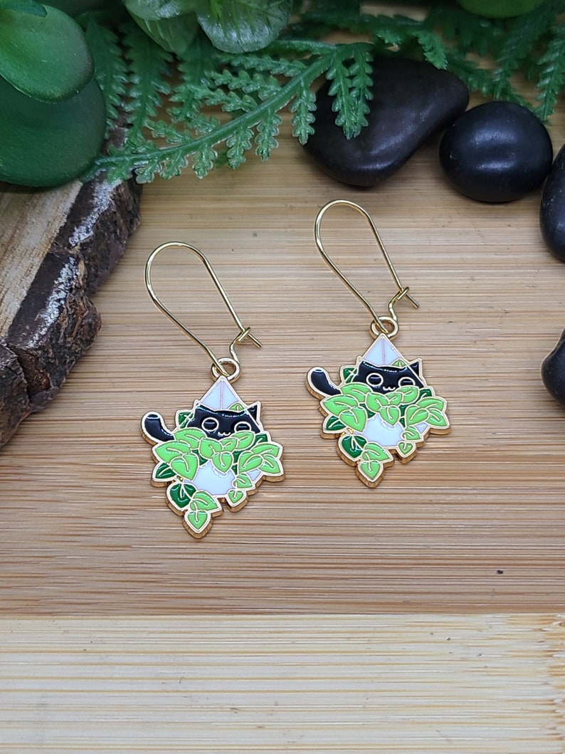 BLACK CAT PLANT Earrings Cat Mom Jewelry Whimsical Cat Dangle Earrings Cat Themed Birthday Gifts Big Sister Gift Black Cat Earrings image 8