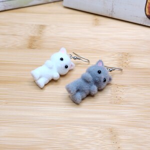 GREY CAT KAWAII Earrings Gifts Under 20 For Cat Lover Whimsical Flocked Mismatched Earrings Cat Mom Cat Jewelry Funky Cute Cat Earring image 4