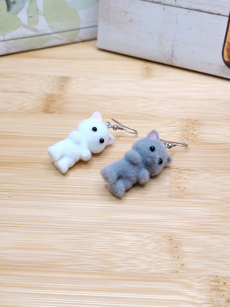 GREY CAT KAWAII Earrings Gifts Under 20 For Cat Lover Whimsical Flocked Mismatched Earrings Cat Mom Cat Jewelry Funky Cute Cat Earring image 4