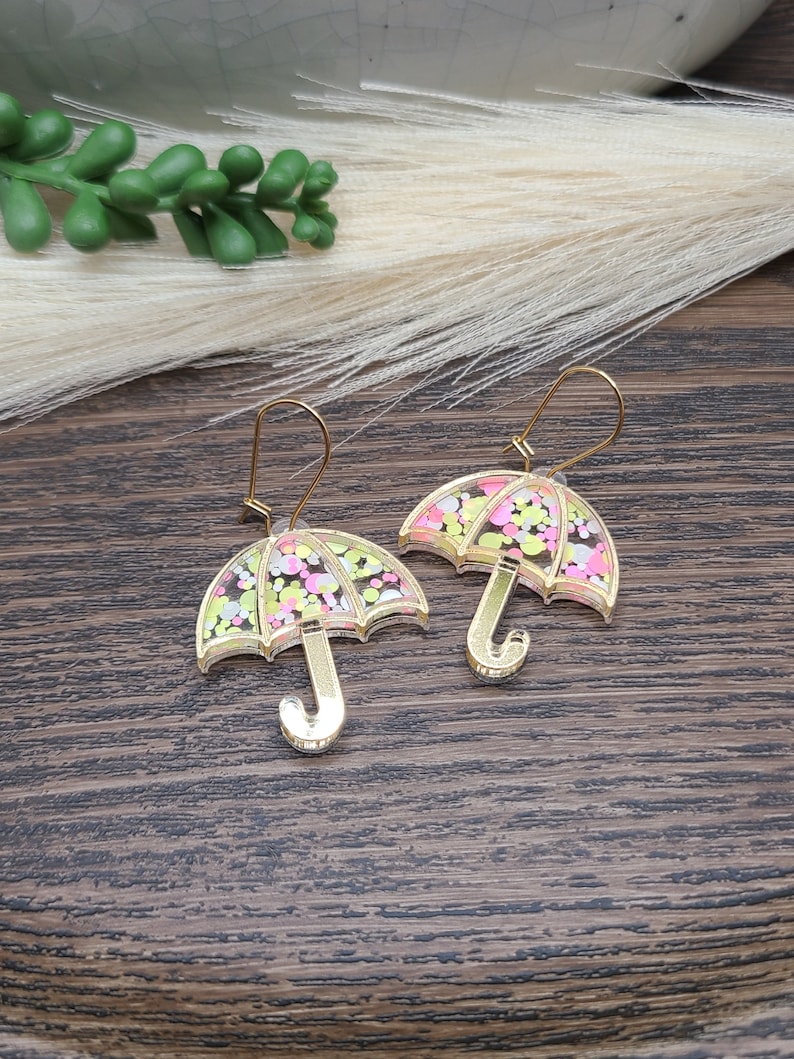 RAINY DAY CONFETTI Umbrella Earrings Cute Weather Earrings Whimsical Colorful Acrylic Earrings Mothers Day or Birthday Gifts Gold/Pink