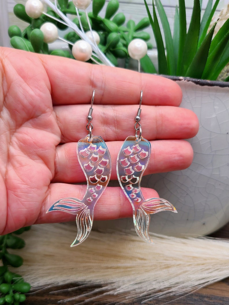 MERMAIDCORE IRIDESCENT EARRINGS Mermaid Tail Beachy Jewelry Whimsical Acrylic Mermaid Earrings Laser Cut Summer Earrings Cool Earrings image 3