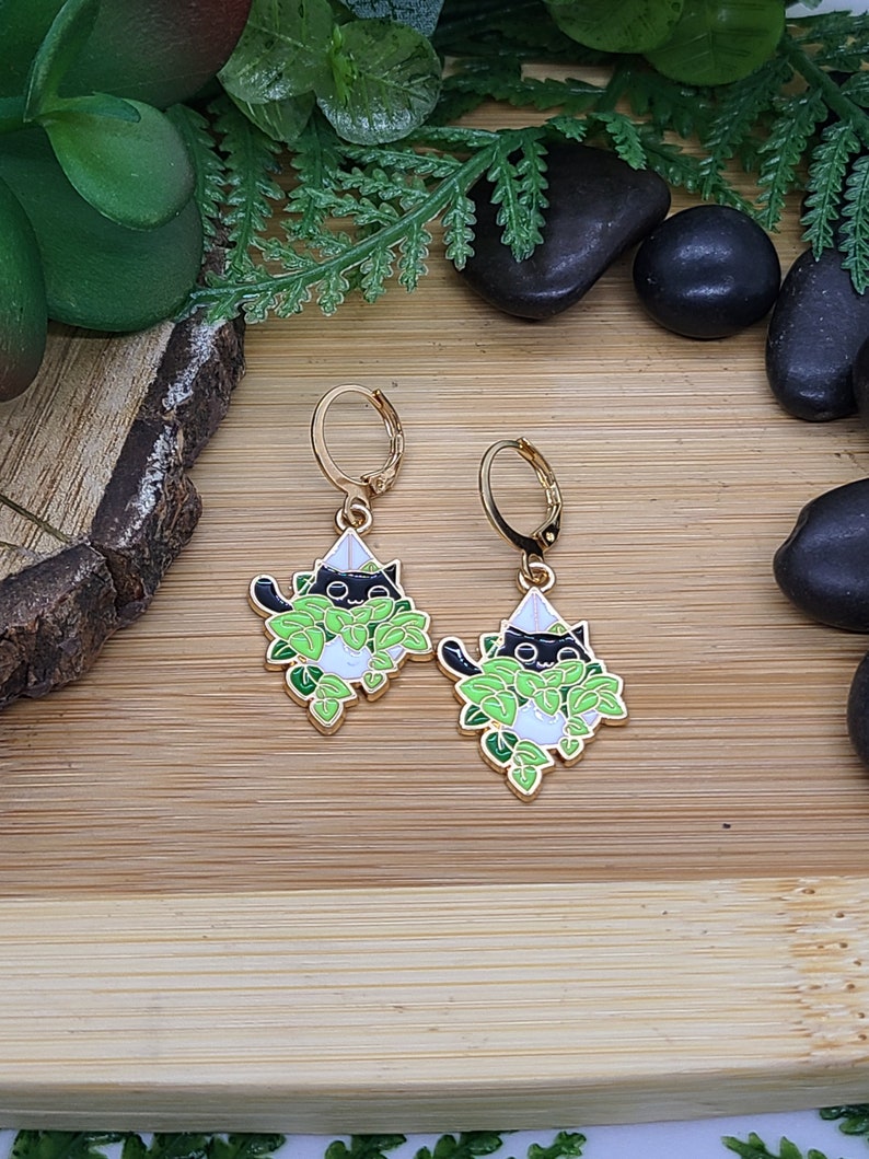 BLACK CAT PLANT Earrings Cat Mom Jewelry Whimsical Cat Dangle Earrings Cat Themed Birthday Gifts Big Sister Gift Black Cat Earrings image 5