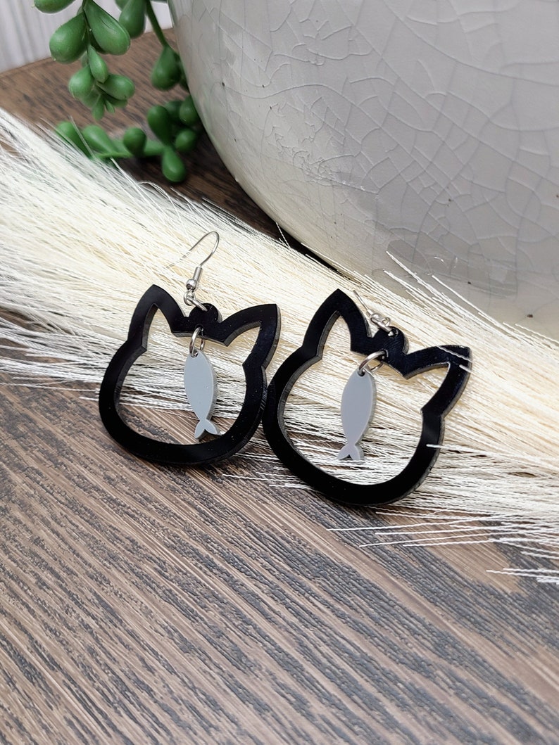 CUTE CAT FISH Earrings Cat Jewelry Kawaii Black Cat Earrings Quirky Acrylic Laser Cut Earrings Cat Themed Gifts For Daughter image 1