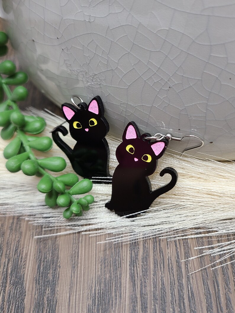 BLACK CAT ACRYLIC Earrings Cat Mom Cat Jewelry Handmade Laser Cut Cat Earrings Cat Themed Cat Lover Birthday Gifts Cute Cool Earrings image 1