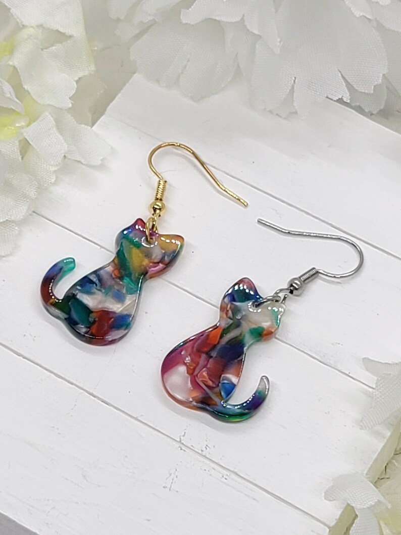 RAINBOW CAT ACRYLIC Earrings Gift For Mom Minimalist Cat Earrings Easter Gift Cute Spring Daisy Earrings Cat Mom Gift Cat Jewelry image 4