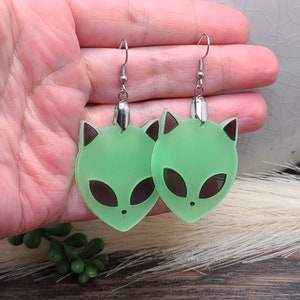 GLOW IN THE Dark Alien Cat Earrings Weird Acrylic Laser Cut Earrings Funky Ufo Space Earrings Quirky Halloween Earrings Cat Jewelry image 9