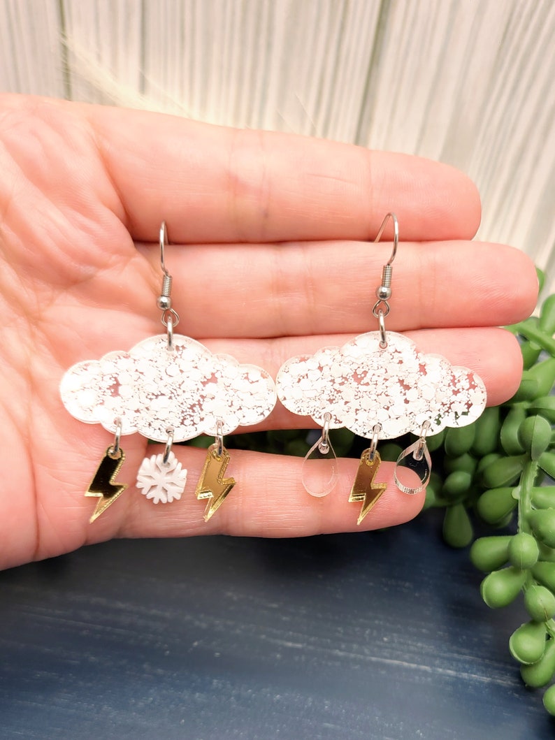 RAINY DAY CLOUD Earrings Acrylic Mismatched Weather Earrings Cool Spring or Summer Earrings Birthday Gifts For Mom Funky Earrings image 3