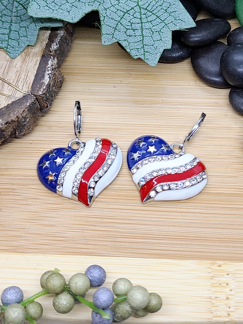 RED WHITE AND Blue Patriotic Earrings Heart or Star American Flag Earrings Colorful Memorial Day Earrings 4th Of July Fun Earrings image 6