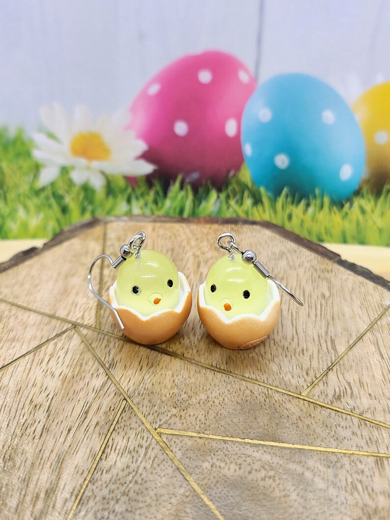 EASTER EGG CHICKEN Earrings Whimsical Easter Earrings for Easter Gifts Mismatched Bird Egg Earrings Cute Novelty Spring Earrings image 4