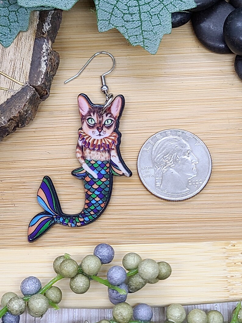 TABBY CAT MERMAID Earrings Weird Cat Earrings For Cat Mom Best Friend Gift Quirky Cat Mermaid Acrylic Earrings Fun Earrings Cat Jewelry image 9