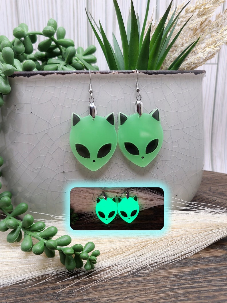 GLOW IN THE Dark Alien Cat Earrings Weird Acrylic Laser Cut Earrings Funky Ufo Space Earrings Quirky Halloween Earrings Cat Jewelry image 1