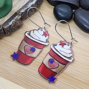 COFFEE CUP PATRIOTIC Earrings Fun Coffee Acrylic Earrings Best Friend Coffee Lover Gift Whimsical Teacher Earrings 4th Of July Earrings Kidney