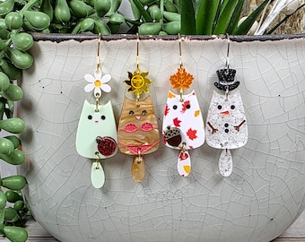 CAT LADY &quot;SEASONS&quot; Cat Earrings For Mom Gift | Mismatched Quirky Earrings | Cat Mom Gift Earring Set | Funky Spring Summer Earrings