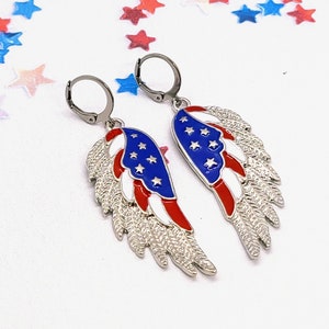 AMERICAN FLAG WING Earrings Patriotic 4th of July Earrings Red White and Blue Colorful Earrings Cute Novelty Earrings for Memorial Day Huggie