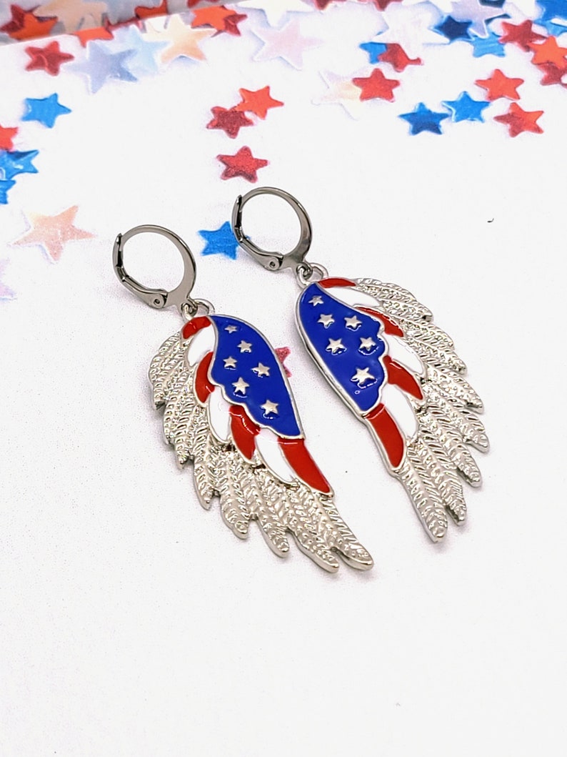 AMERICAN FLAG WING Earrings Patriotic 4th of July Earrings Red White and Blue Colorful Earrings Cute Novelty Earrings for Memorial Day Huggie