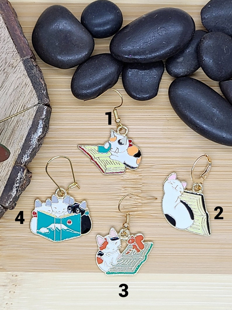 CUTE CAT BOOK Earrings for Cat Mom Birthday Gift Whimsical Mismatched Calico Cat Earrings Fun Teacher Earrings Best Friend Gift image 1