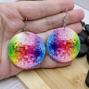 DISCO BALL RAINBOW Earrings Big Acrylic Colorful Earrings Fun Disco Ball Earrings For Best Friend Birthday Gift Cool Disco Earrings image 2