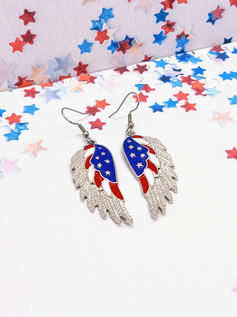 AMERICAN FLAG WING Earrings Patriotic 4th of July Earrings Red White and Blue Colorful Earrings Cute Novelty Earrings for Memorial Day Hook