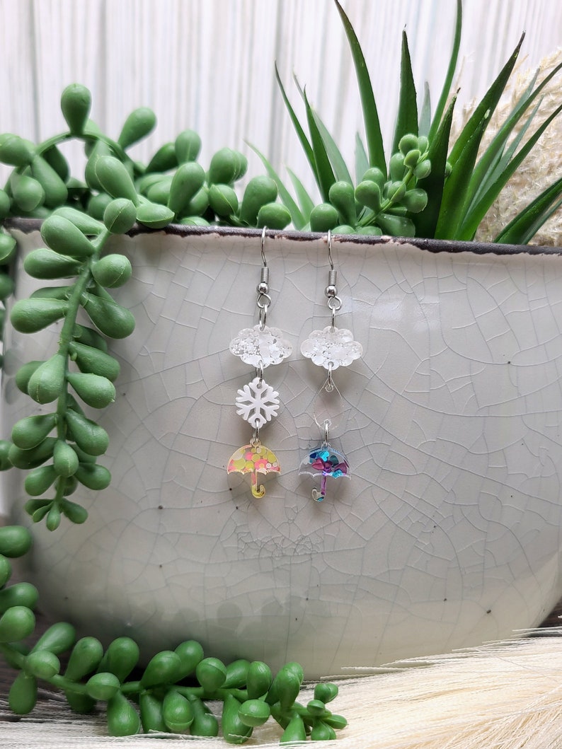 RAIN DROP CLOUD Earrings Whimsical Stacked Umbrella Earrings Colorful Dainty Spring Earrings Mismatched Weather Earrings Birthday Gifts image 4