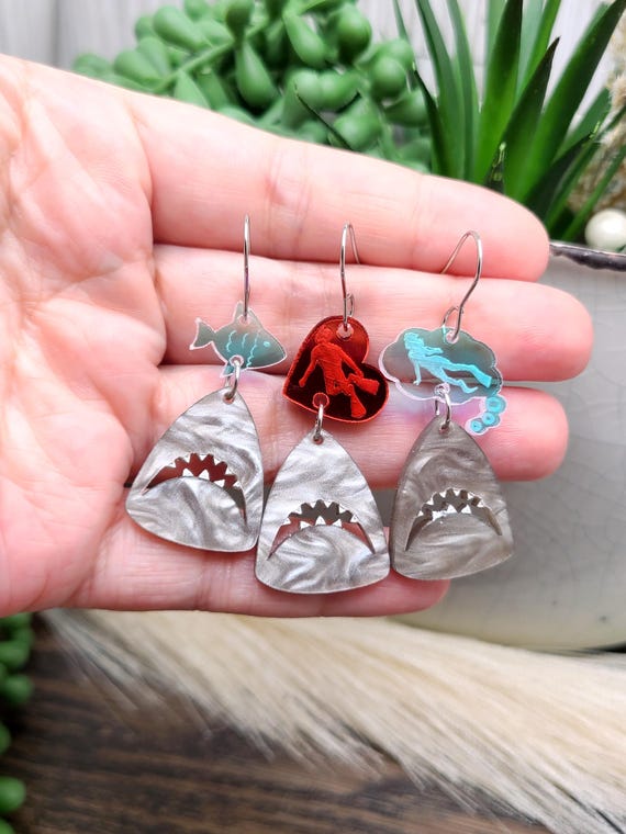 Funny Shark Earrings: Laser Cut Scuba Diver Fish Beachy Quirky Whimsical Earrings, Perfect Best Friend Gift for Shark Week