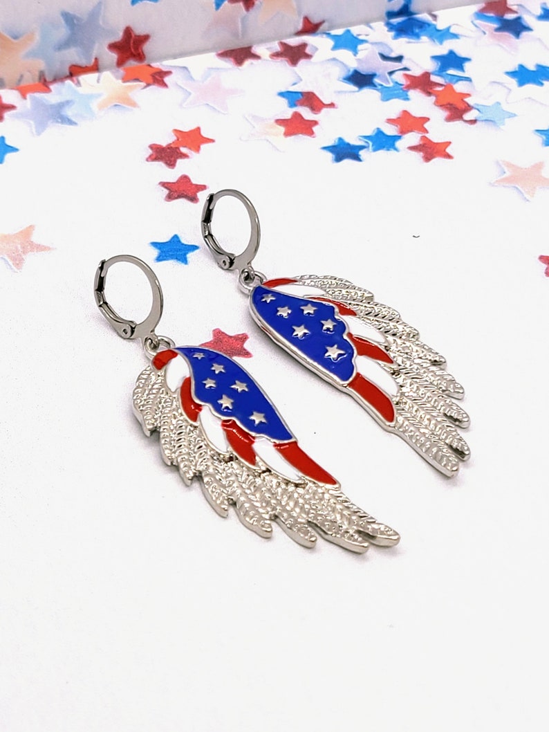 AMERICAN FLAG WING Earrings Patriotic 4th of July Earrings Red White and Blue Colorful Earrings Cute Novelty Earrings for Memorial Day image 4