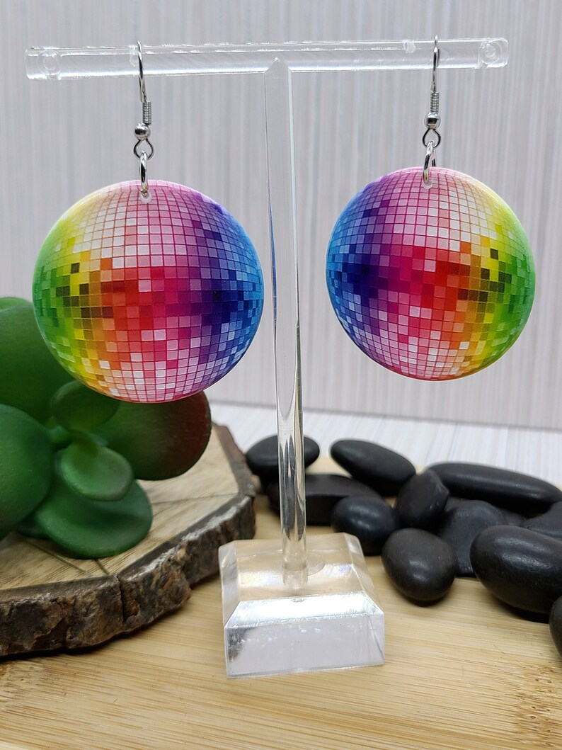 DISCO BALL RAINBOW Earrings Big Acrylic Colorful Earrings Fun Disco Ball Earrings For Best Friend Birthday Gift Cool Disco Earrings image 7