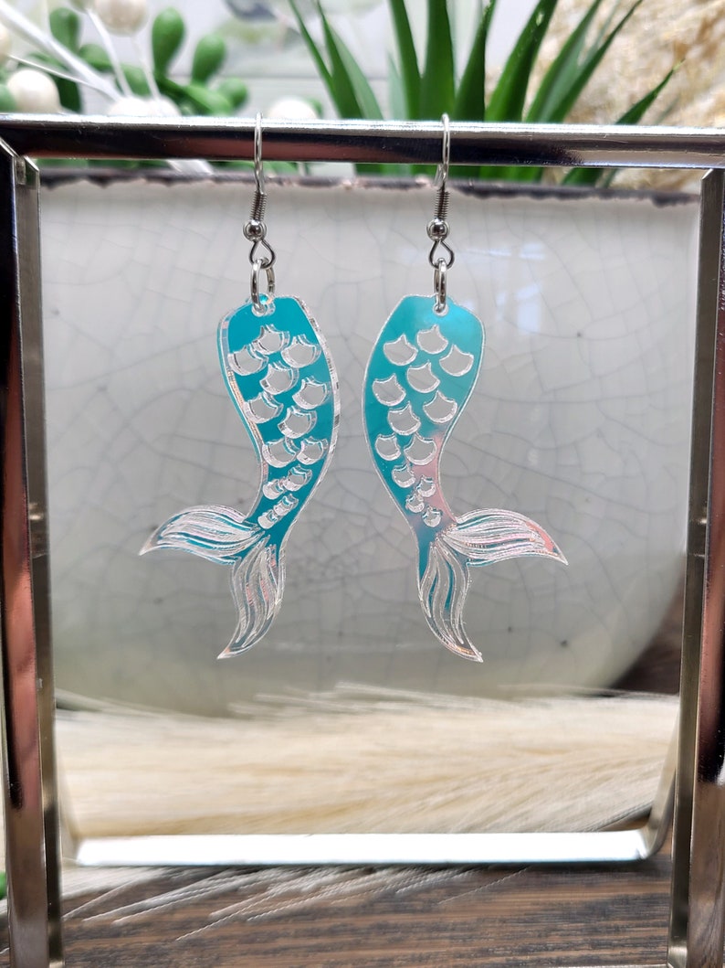 MERMAIDCORE IRIDESCENT EARRINGS Mermaid Tail Beachy Jewelry Whimsical Acrylic Mermaid Earrings Laser Cut Summer Earrings Cool Earrings image 6