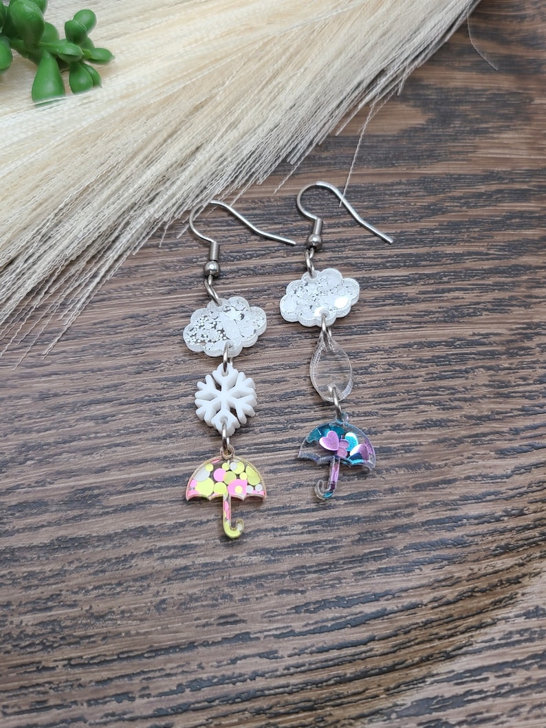 RAIN DROP CLOUD Earrings Whimsical Stacked Umbrella Earrings Colorful Dainty Spring Earrings Mismatched Weather Earrings Birthday Gifts image 1