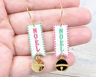 Noel Mismatched Christmas Earrings: Vintage Gold Bell Dangles, Acrylic Holiday Statement Earrings, Festive Stocking Stuffers