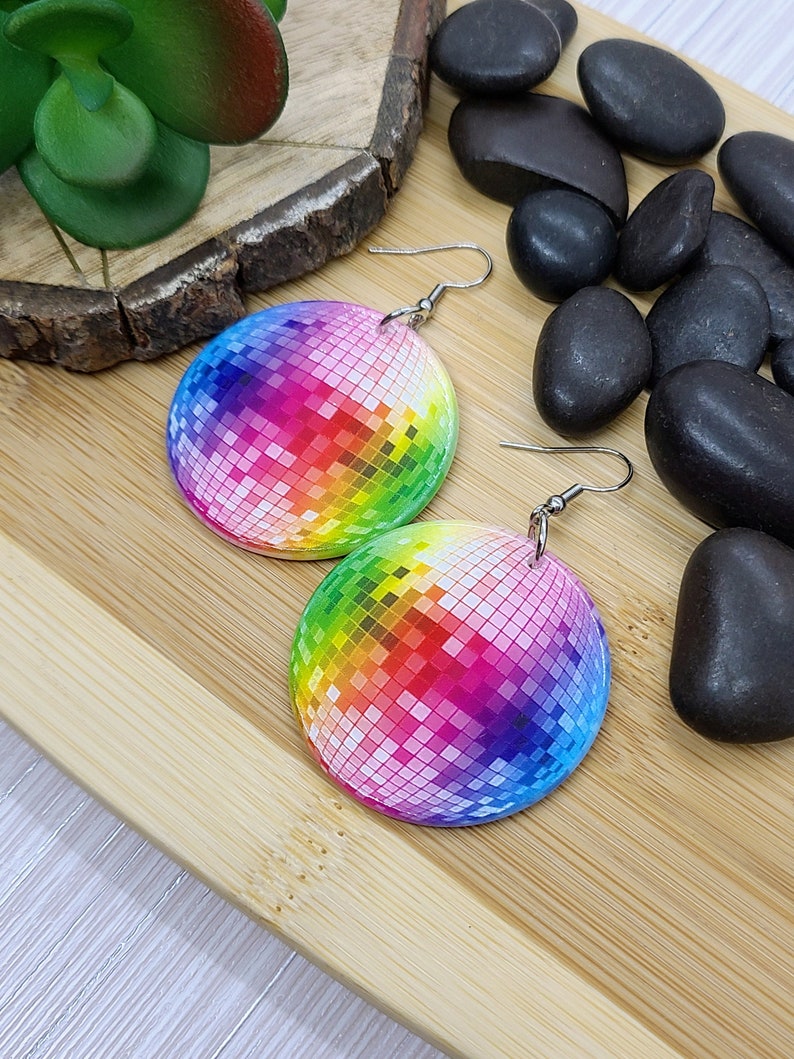 DISCO BALL RAINBOW Earrings Big Acrylic Colorful Earrings Fun Disco Ball Earrings For Best Friend Birthday Gift Cool Disco Earrings Hook