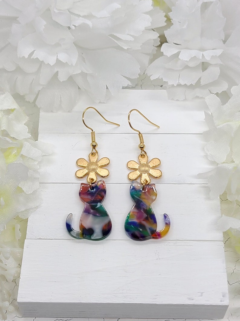 RAINBOW CAT ACRYLIC Earrings Gift For Mom Minimalist Cat Earrings Easter Gift Cute Spring Daisy Earrings Cat Mom Gift Cat Jewelry image 1