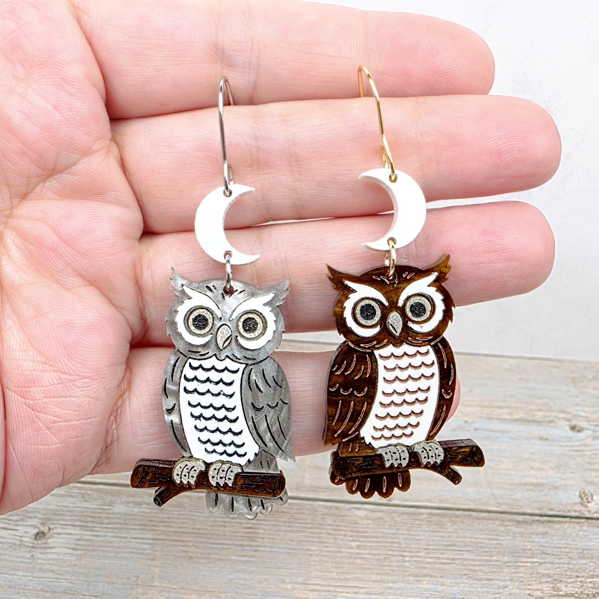 Moon Owl Earrings: Halloween Gothic Acrylic Jewelry, Spooky Witchy Whimsical Earrings, Woodland Anim