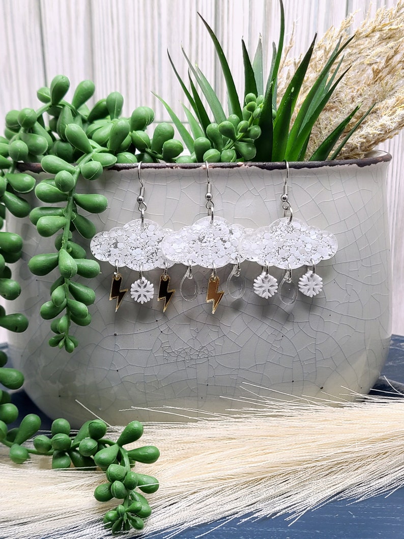 RAINY DAY CLOUD Earrings Acrylic Mismatched Weather Earrings Cool Spring or Summer Earrings Birthday Gifts For Mom Funky Earrings image 2