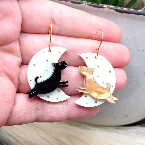 Holographic Black Lab Moon Earrings: Celestial Dog Mom Earrings, Kawaii Mismatched Whimsical Dog Lover Gift