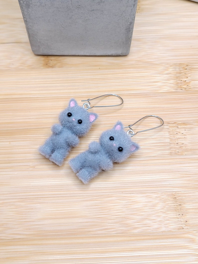 GREY CAT KAWAII Earrings Gifts Under 20 For Cat Lover Whimsical Flocked Mismatched Earrings Cat Mom Cat Jewelry Funky Cute Cat Earring image 8