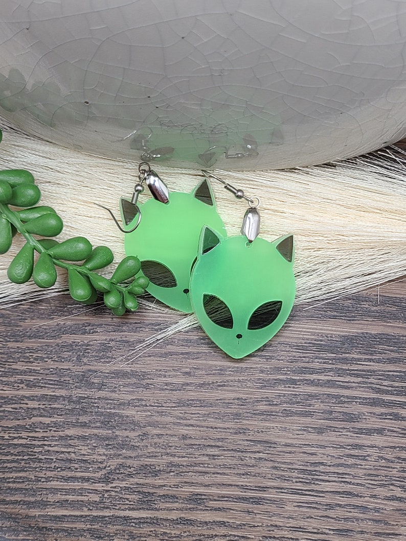 GLOW IN THE Dark Alien Cat Earrings Weird Acrylic Laser Cut Earrings Funky Ufo Space Earrings Quirky Halloween Earrings Cat Jewelry image 5