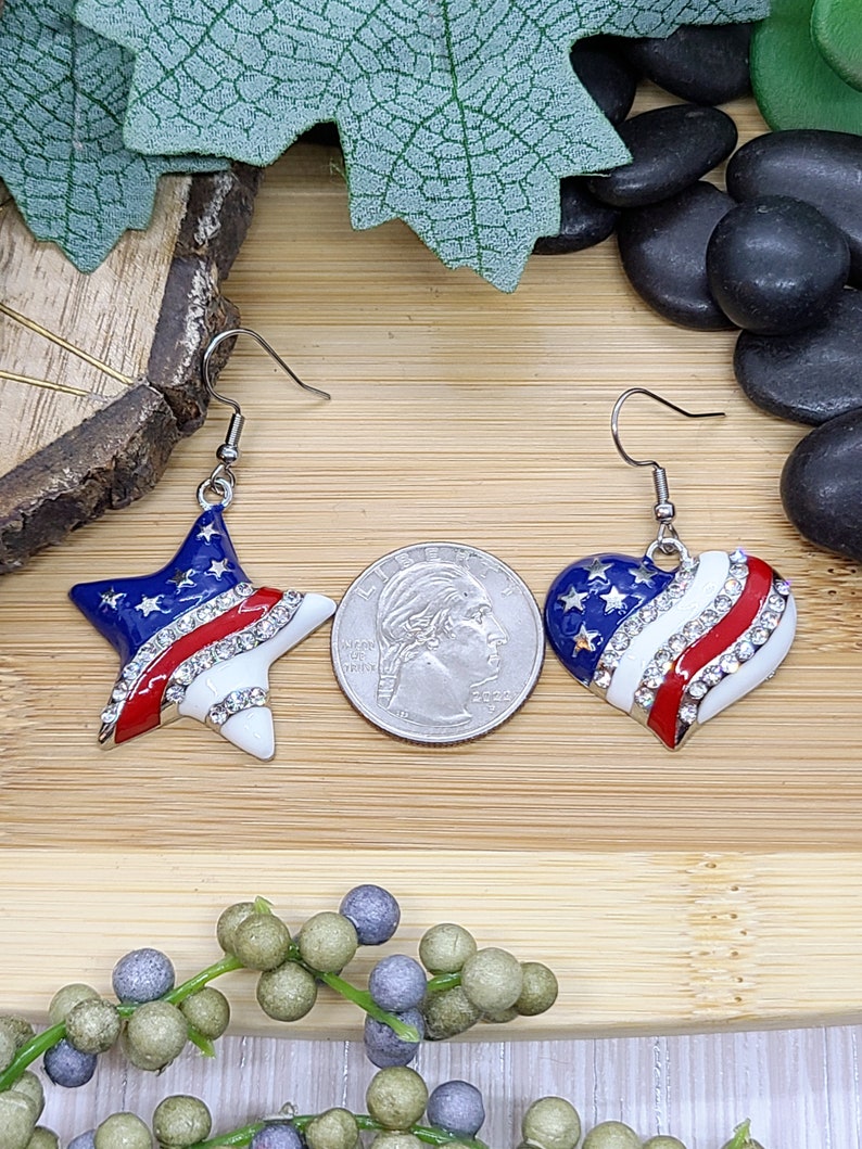 RED WHITE AND Blue Patriotic Earrings Heart or Star American Flag Earrings Colorful Memorial Day Earrings 4th Of July Fun Earrings image 10