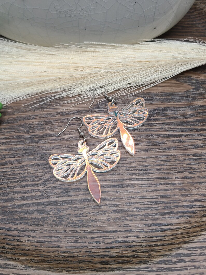 LASER CUT DRAGONFLY Earrings Iridescent Whimsical Earrings for Birthday Gifts Cool Acrylic Bug Earrings Funky Colorful Earrings image 4